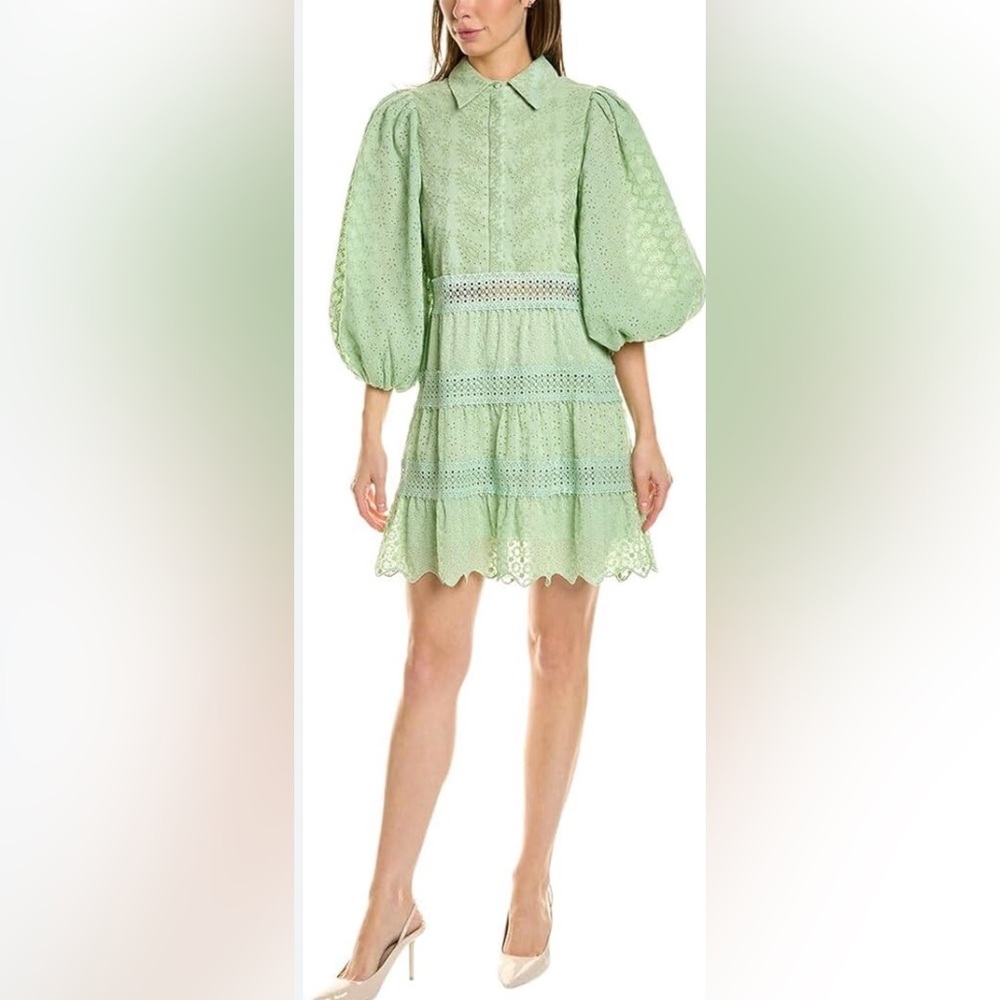ALICE + OLIVIA Blakesley Bishop Sleeve Button Front Mini Dress Sz 8 embroidery